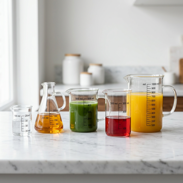 Glas-Messbecher und Labor-inspirierte Gläser aus Borosilikatglas