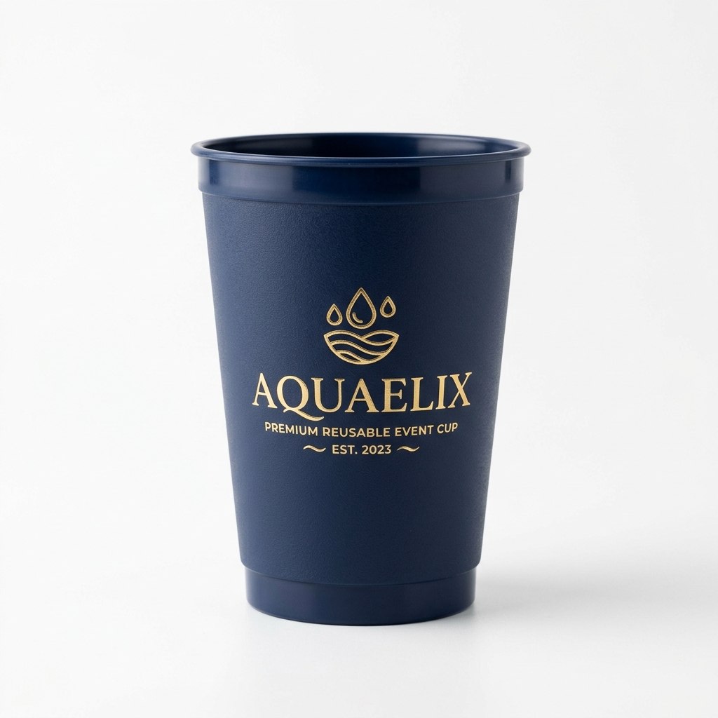 Mehrwegbecher mit AQUAELIX-Logo in Gold auf Navy-Blau