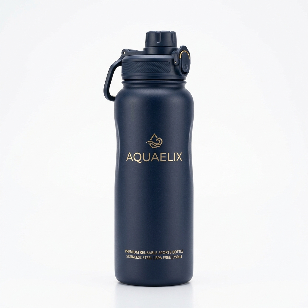 Wiederverwendbare Trinkflasche mit AQUAELIX-Logo in Gold