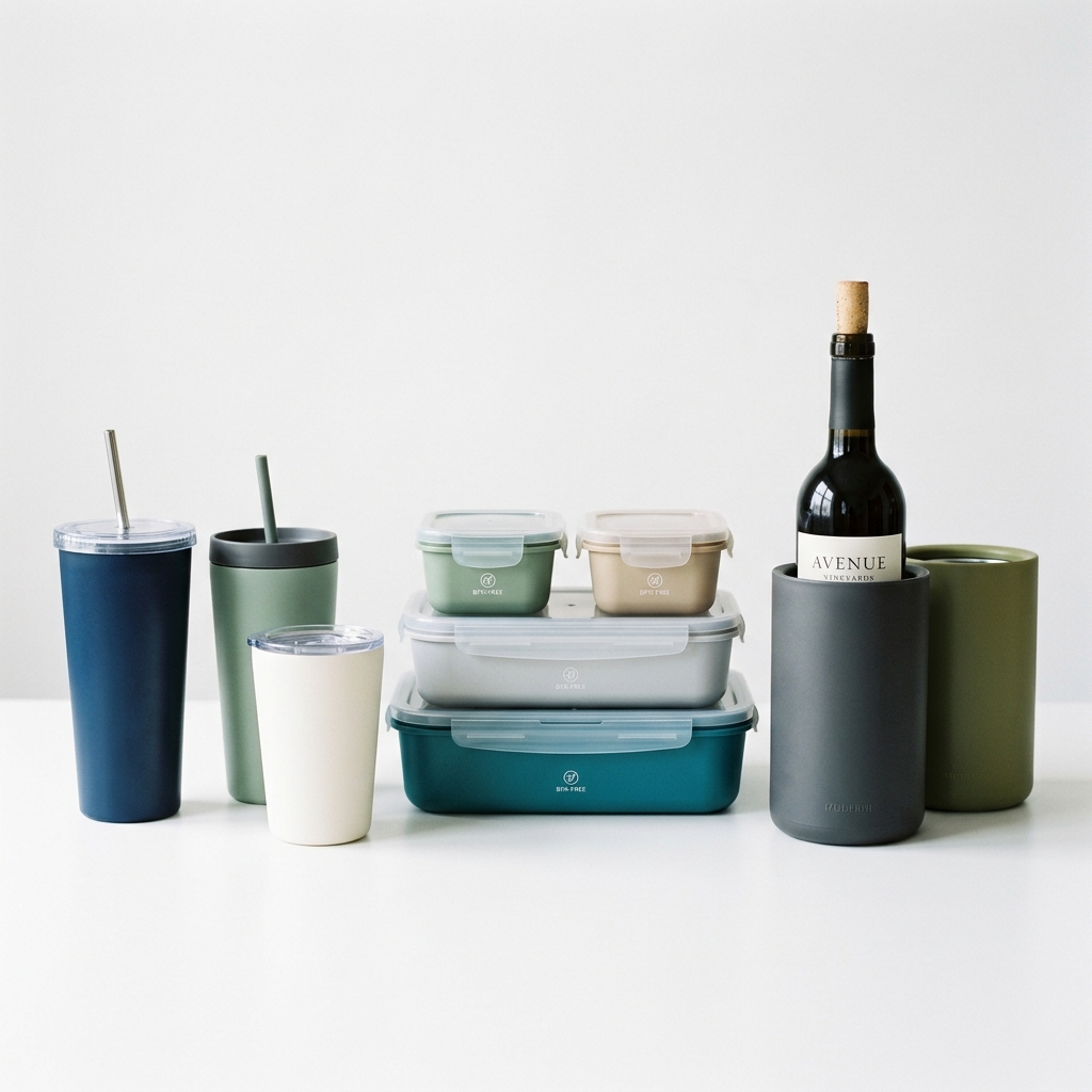 Moderne BPA-freie Plastikprodukte: Becher, Food-Container und Kühler