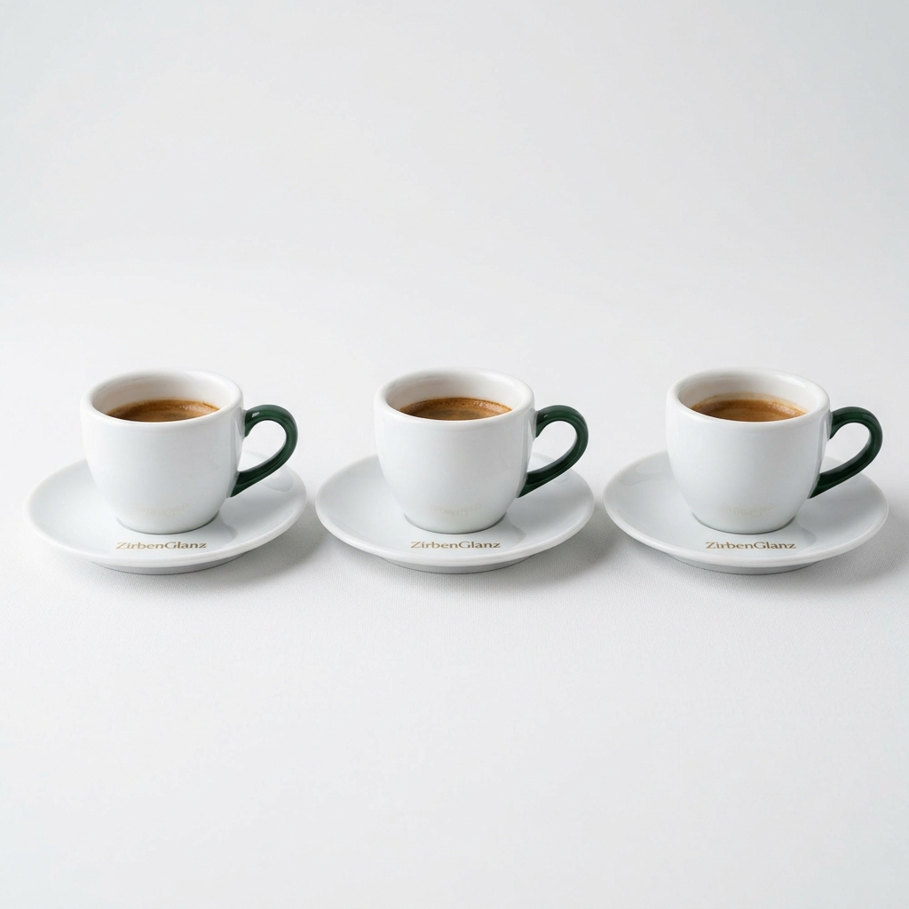 Espressotassen mit farbigen Henkeln und Logo auf Untertasse