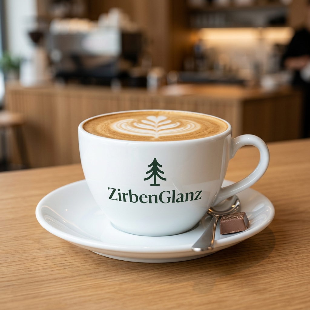 Cappuccinotasse mit ZirbenGlanz-Logo in Dunkelgrün