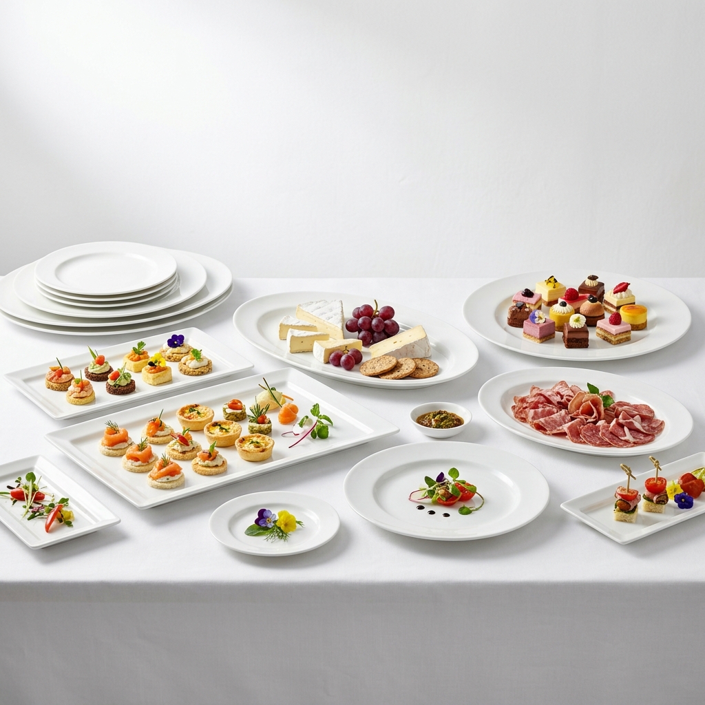 Servierplatten und Präsentationsplatten aus Porzellan für Bankette