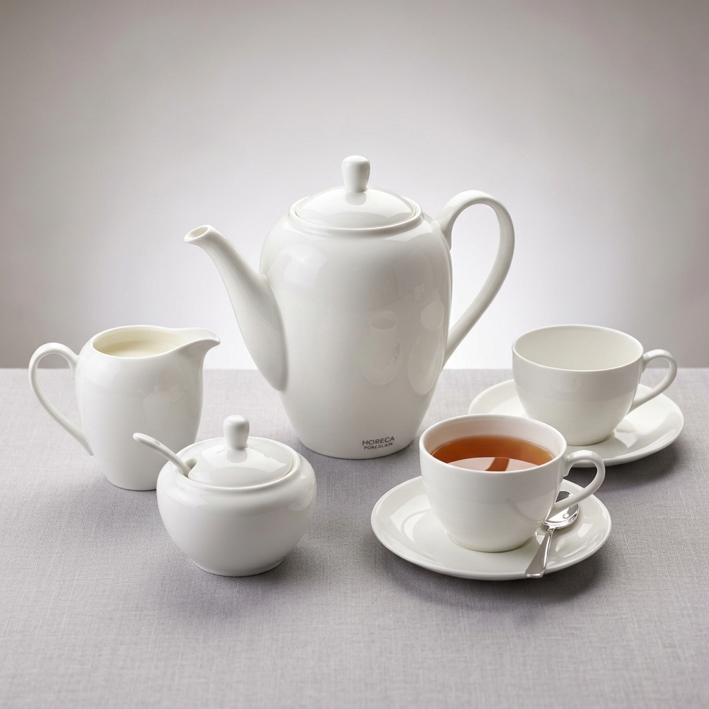 Teeservice aus weißem Hotelporzellan: Teekanne, Tassen, Milchkännchen