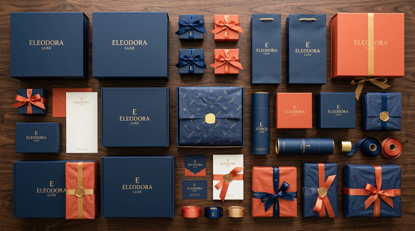 Sortiment hochwertiger Verpackungen: Geschenkboxen, Tragetaschen und Rigid-Boxen mit Bändern