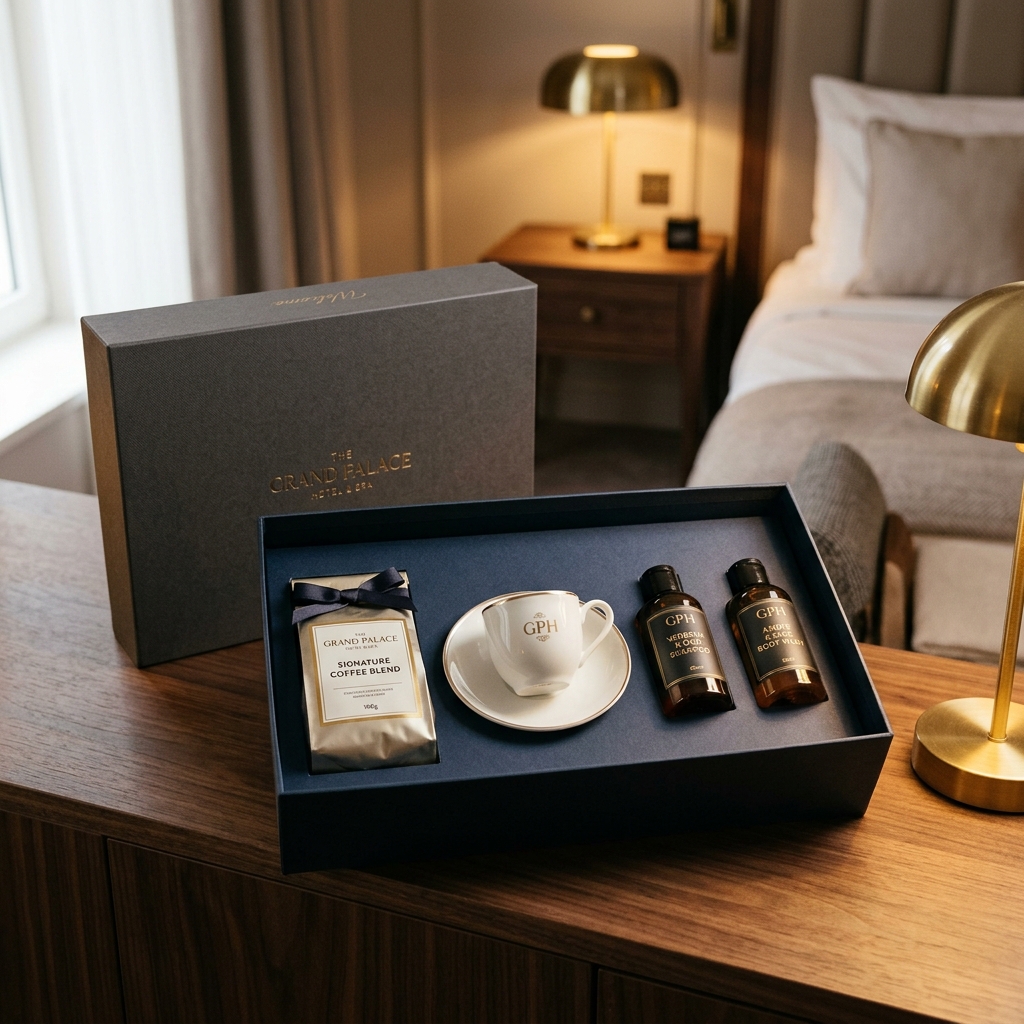 HoReCa Set-Verpackung: Welcome-Gift-Box für Hotels mit Kaffee, Tasse und Amenities